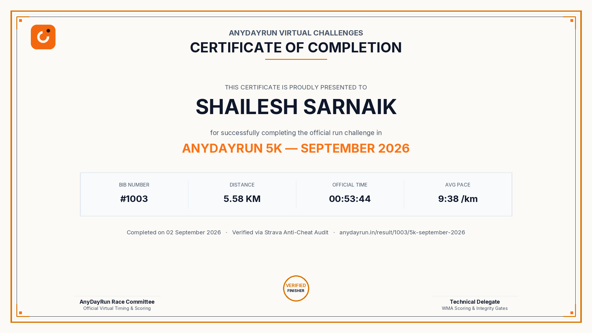 Finisher Certificate