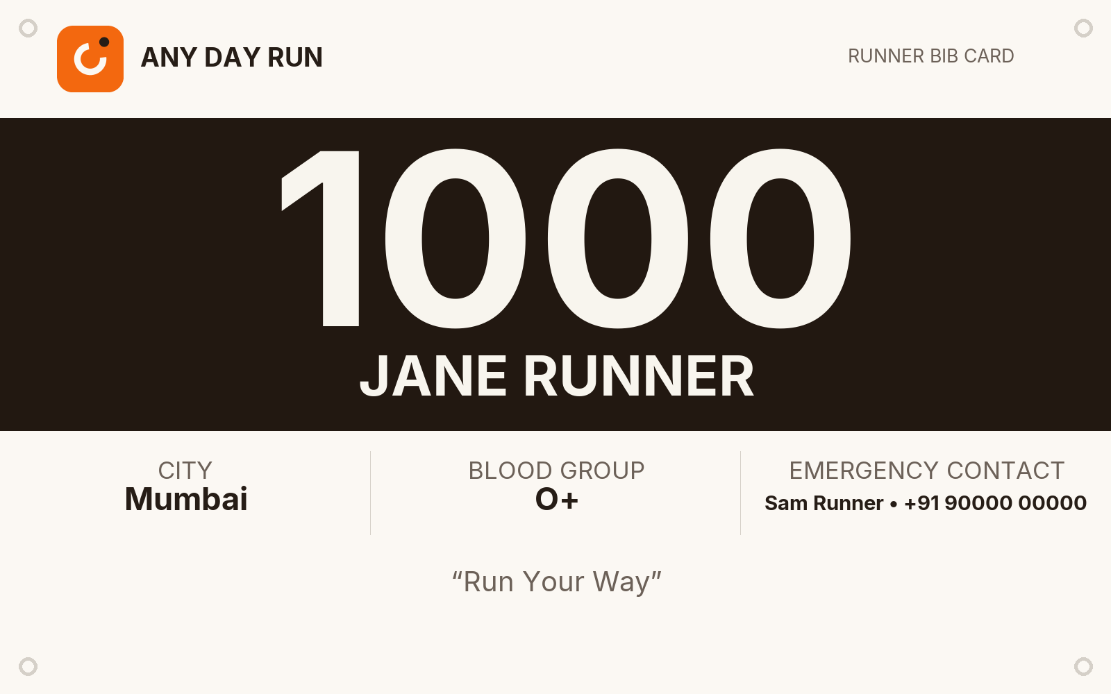 Sample AnyDayRun BIB card showing BIB number, name, city, blood group, emergency contact and a tagline